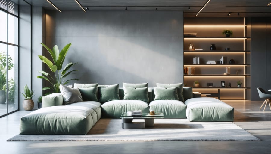 Sunlit modern living room with a semi-transparent digital overlay of a sectional sofa and coffee table, showing how AI virtual staging visualizes furniture placement, with large windows, minimalist shelving, and a potted plant in the background.