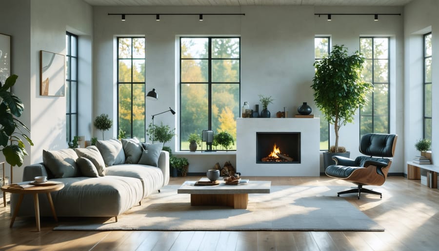 Eye-level wide shot of a bright living room with neutral modern furniture partially materializing with faint wireframe overlays, arranged to highlight room flow, large windows, and a fireplace, with soft greenery visible outside.