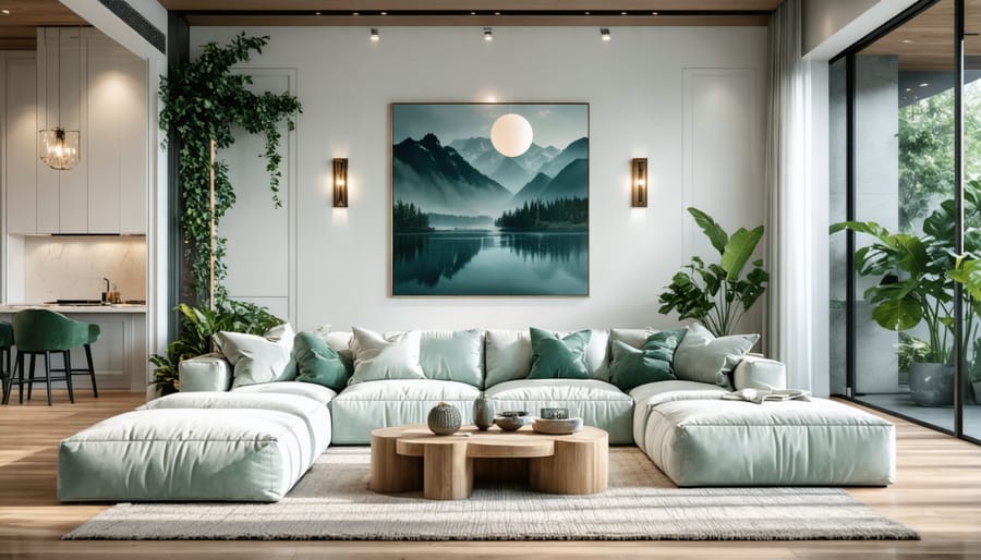 Tablet displaying AI-staged furniture in empty living room with actual room visible in background