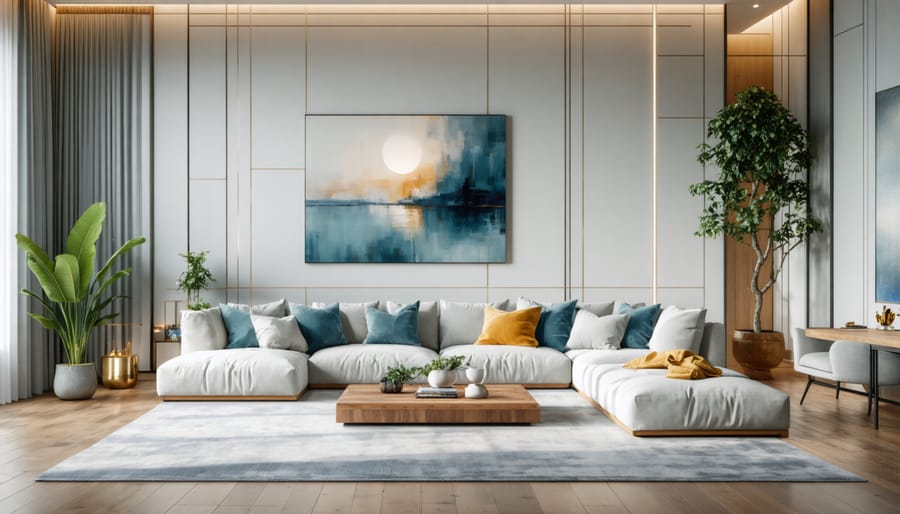 Couple reviewing room measurements on smartphone while planning furniture layout