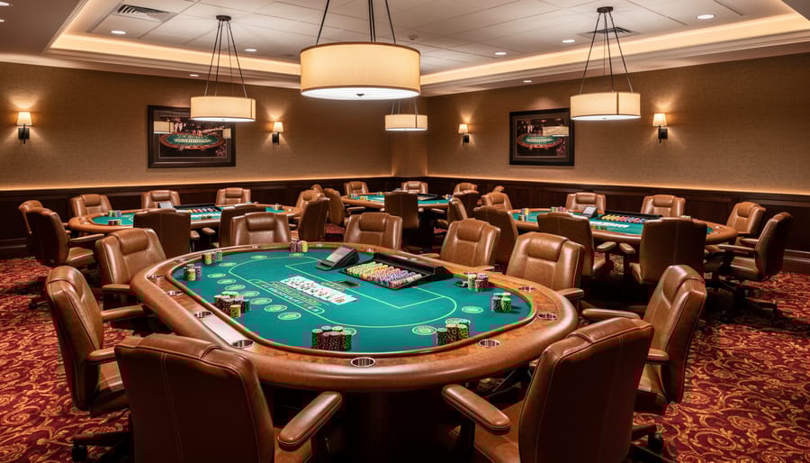 Luxury home casino game room with poker table, leather chairs, and ambient lighting