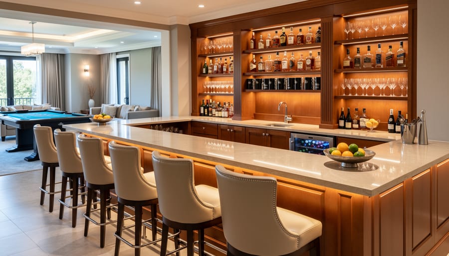 Home game room bar area with wooden counter, leather stools, and bottle display