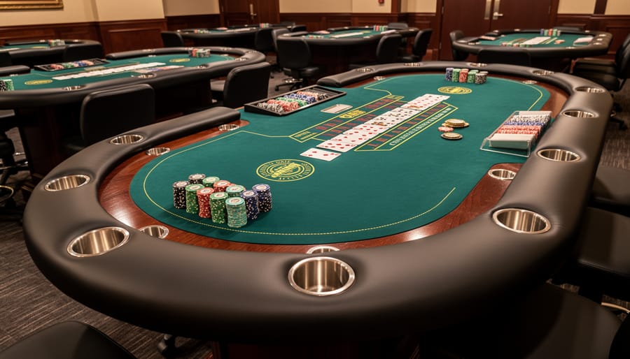 Close-up of professional poker table with leather armrests and green felt surface