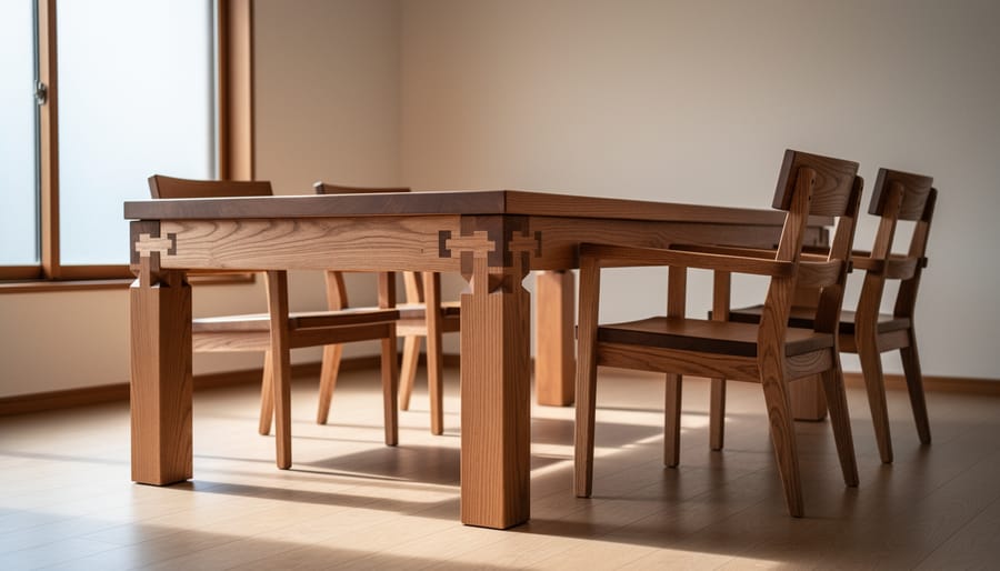 Handcrafted wooden side table showing traditional Japanese dovetail joinery in modern home