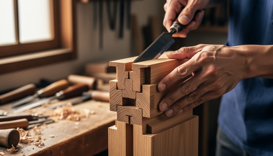 Craftsman's hands fitting together mortise and tenon joint in Japanese woodworking