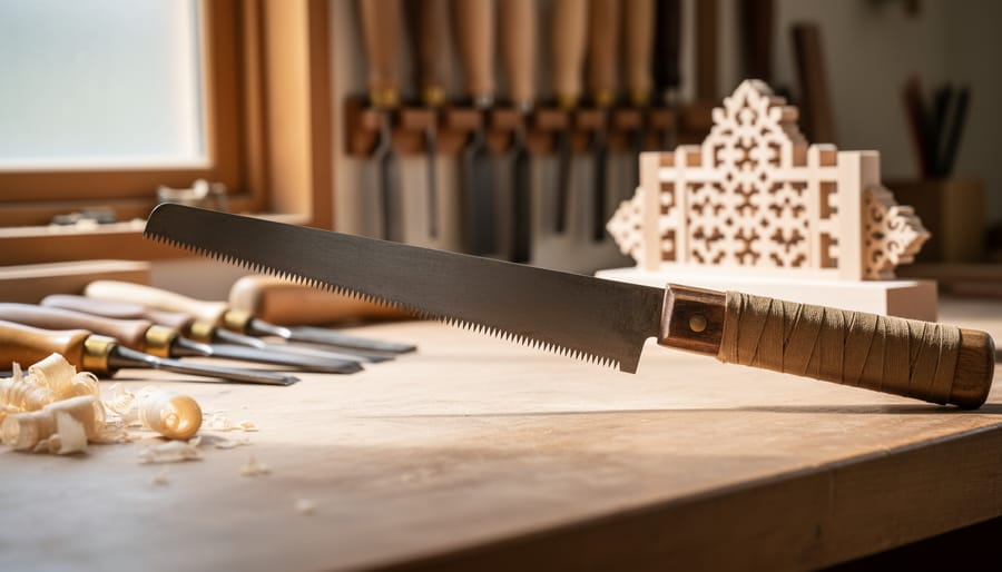 Japanese pull saw with bamboo handle on wood board showing clean cut
