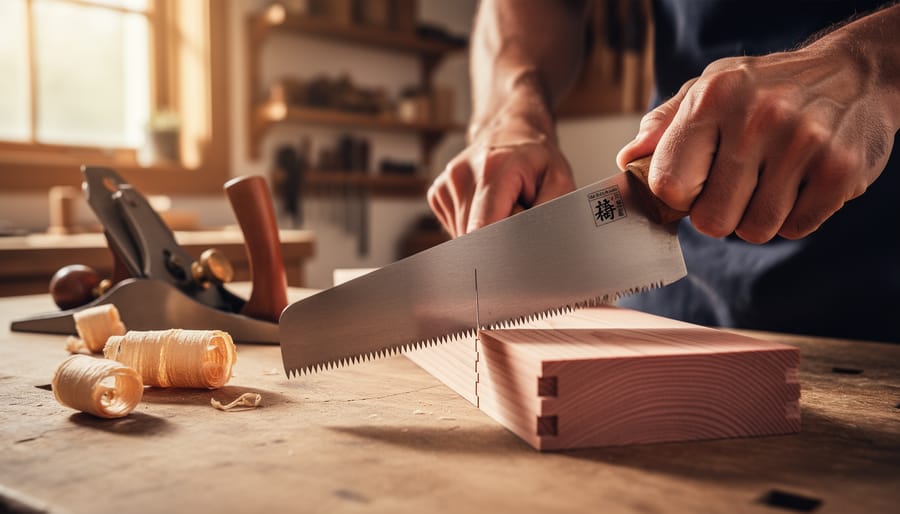 Close-up of a woodworker’s hands using a Japanese dozuki pull saw to cut a dovetail on a cedar board, with a kanna hand plane, marking gauge, and curled shavings softly blurred in the background under warm window light.