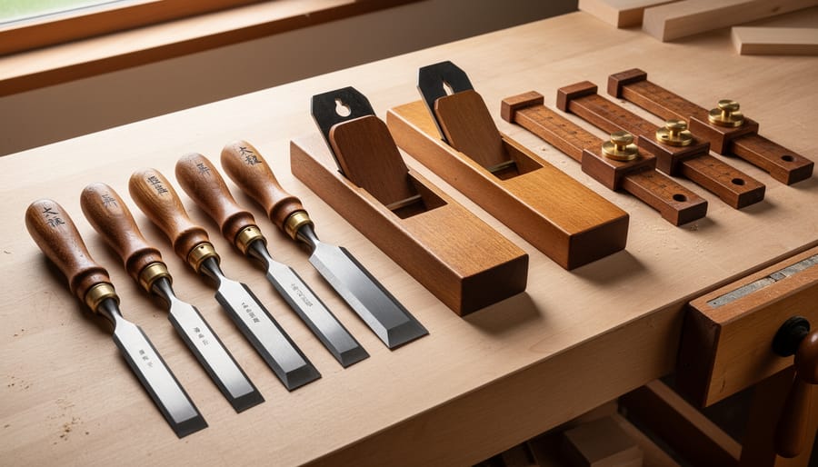 Overhead view of Japanese woodworking tools arranged on workbench with wood project
