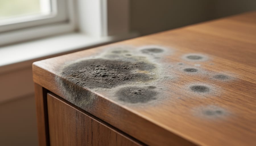 Close-up view of mold growth on wood furniture surface showing dark patches on grain