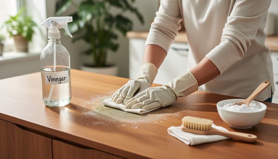 Natural cleaning supplies including vinegar spray bottle, baking soda, and microfiber cloths on wooden surface