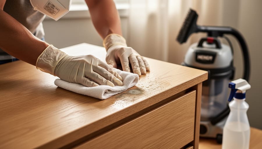 Gloved person wearing an N95 mask wipes light mold from the surface of an oak dresser with a soft cloth and vinegar solution, with a blurred HEPA vacuum brush and spray bottle in the background under soft natural window light.