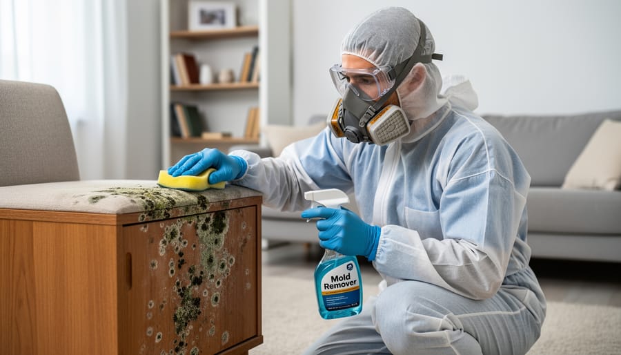 Person wearing protective gloves and mask cleaning wood furniture with spray bottle and cloth