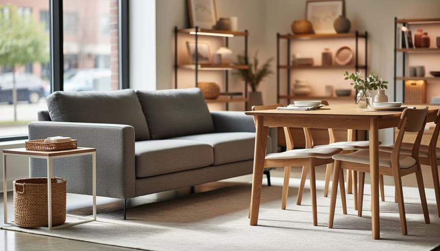 Modern Toronto furniture showroom featuring a gray sofa and a light-wood dining table with soft natural light and blurred accessories in the background.