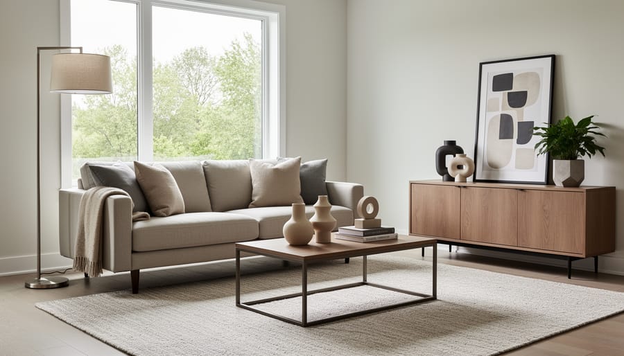 Contemporary living room with a modern sofa, side table, and floor lamp styled in a clean neutral space