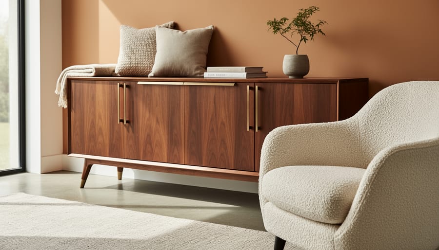 Mid-century modern living room vignette featuring a walnut credenza, hand-finished metal hardware, and a bouclé accent chair in warm neutral tones.