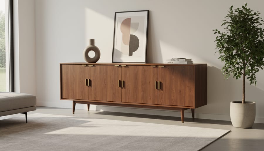 Mid-century modern walnut sideboard with tapered legs and brass hardware in a bright living room