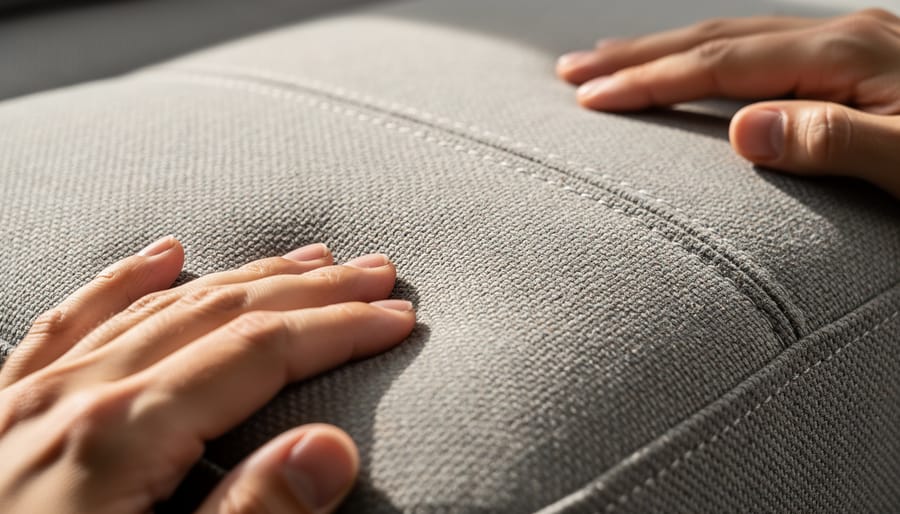 Close-up of upholstered mid-century modern chair fabric and stitching
