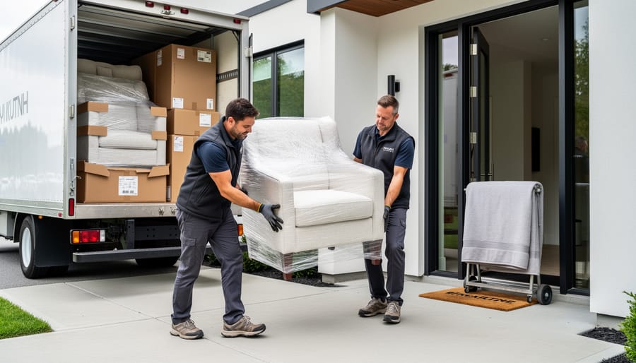 Homeowner inspecting a protected furniture delivery package in an entryway
