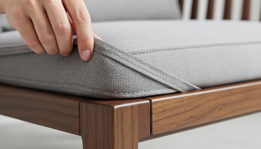 Person’s hand examining upholstery stitching and wood joinery on an imported dining chair