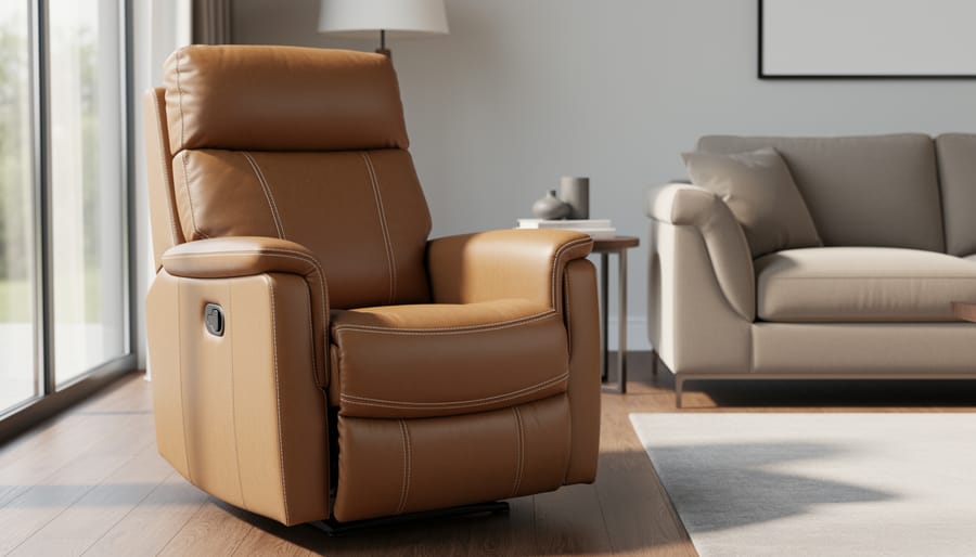A premium upholstered recliner with detailed leather stitching in a modern living room setting, suggesting durable, high-quality furniture craftsmanship.