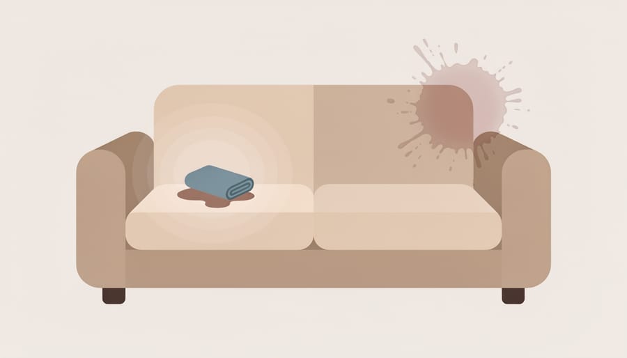 Hands blotting a leather sofa arm with a microfiber cloth to address a spill