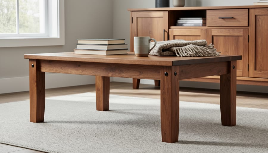 Imported coffee table and console styled in a home with warm golden-hour lighting