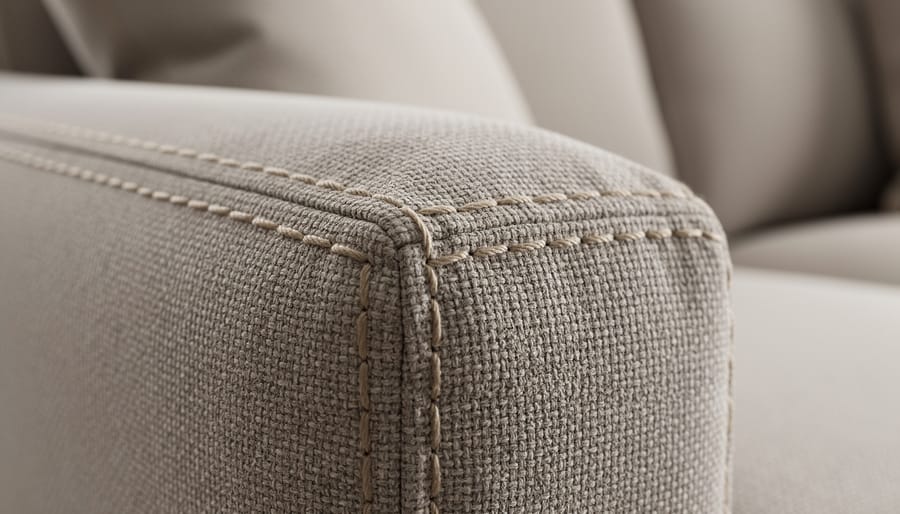 Close-up view of upholstered sofa stitching and fabric texture with craftsmanship details