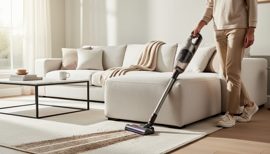 Vacuum nozzle cleaning fabric sofa cushions in a sunlit living room