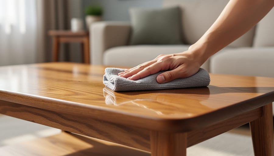 Microfiber cloth gently cleaning the surface of a finished oak wood table without removing the protective finish.