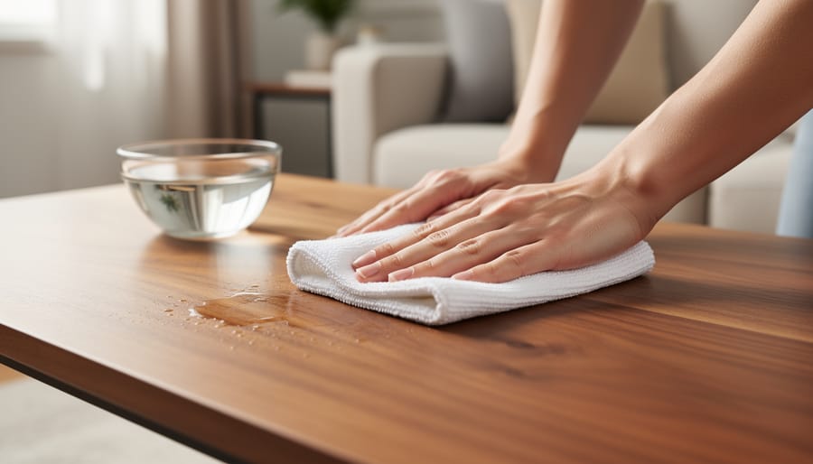 Close-up of hands wiping a finished wooden coffee table with a microfiber cloth dampened with diluted white vinegar solution.