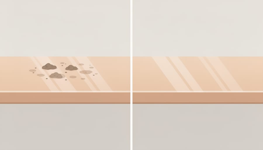 Low-angle photo of a glossy wooden table showing clear light reflection across the finish