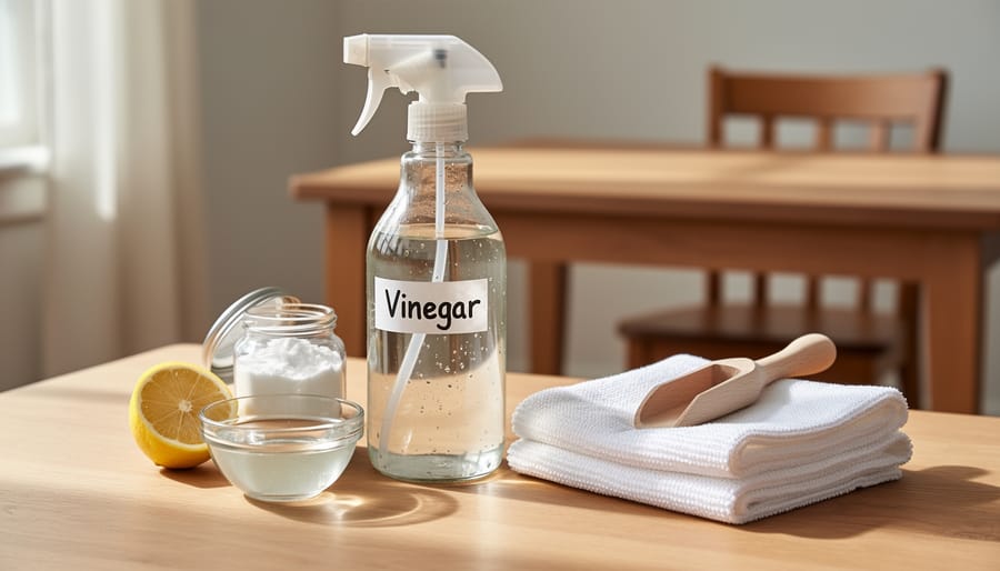 Spray bottle of clear cleaning solution and microfiber cloths arranged on a wooden table for vinegar furniture cleaning.