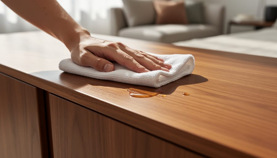 Hand wiping a finished wood surface with a microfiber cloth while a water drop beads on the protected varnish.
