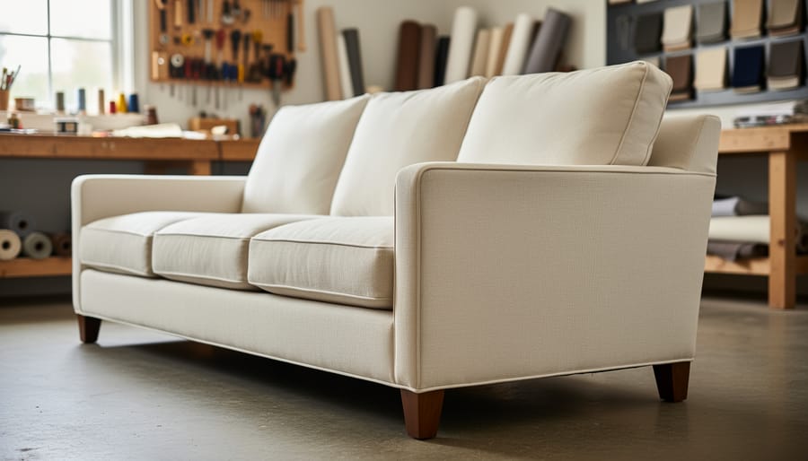 Close view of a handcrafted upholstered sofa in a Virginia workshop showroom, highlighting detailed stitching and wooden legs with workshop elements softly blurred behind it.