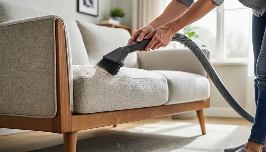 Vacuum hose cleaning the upholstered fabric of a chair with a wood frame while a dry brush is nearby