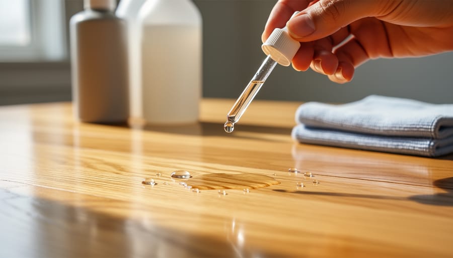 Water droplet resting on a walnut wood furniture finish to help determine finish type before cleaning