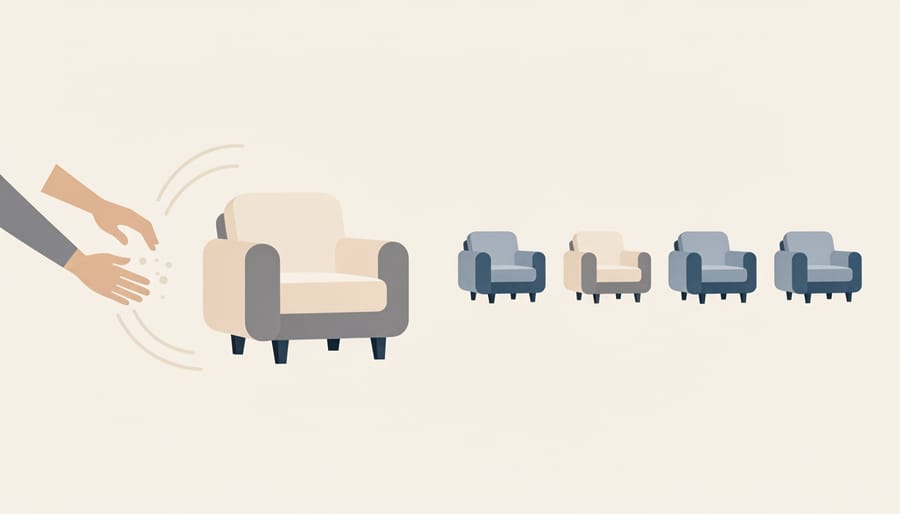 Hands holding an upholstery care cloth and cleaning tools next to a premium sofa