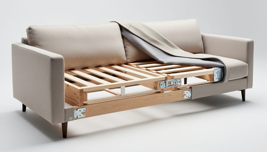 Wood furniture frame joinery and metal hardware in a workshop setting
