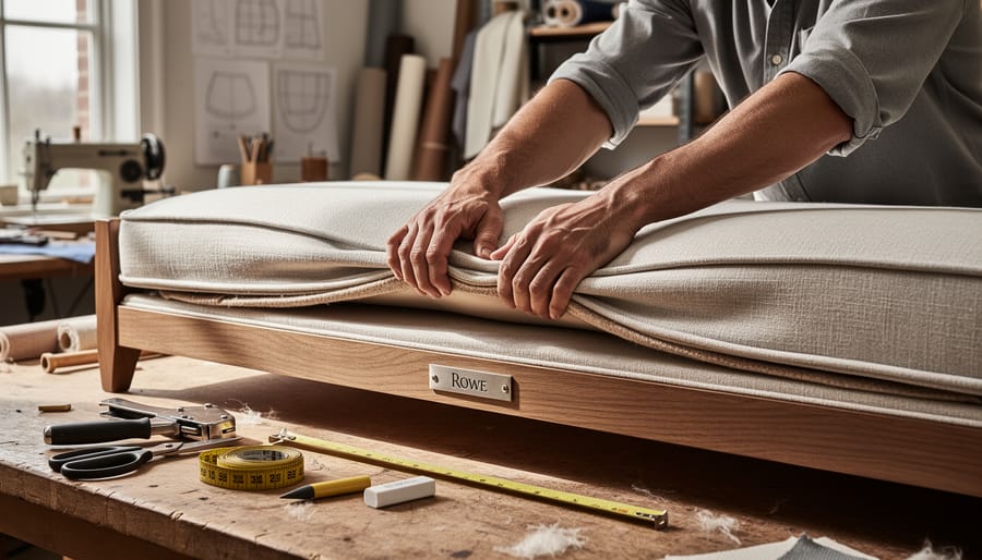 Upholstery and exposed wood joinery being inspected in a bright furniture workshop