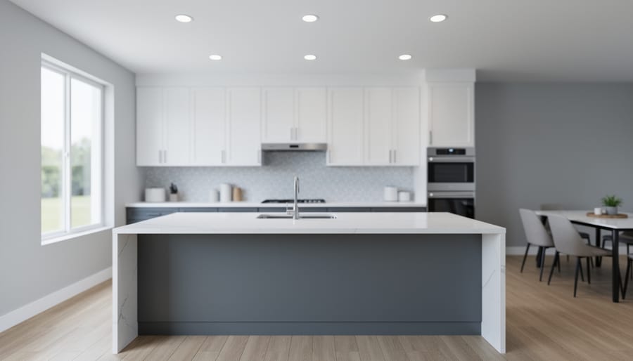 Realistic 3D-render style view of a modern kitchen with cabinets, island, countertops, and recessed lighting.