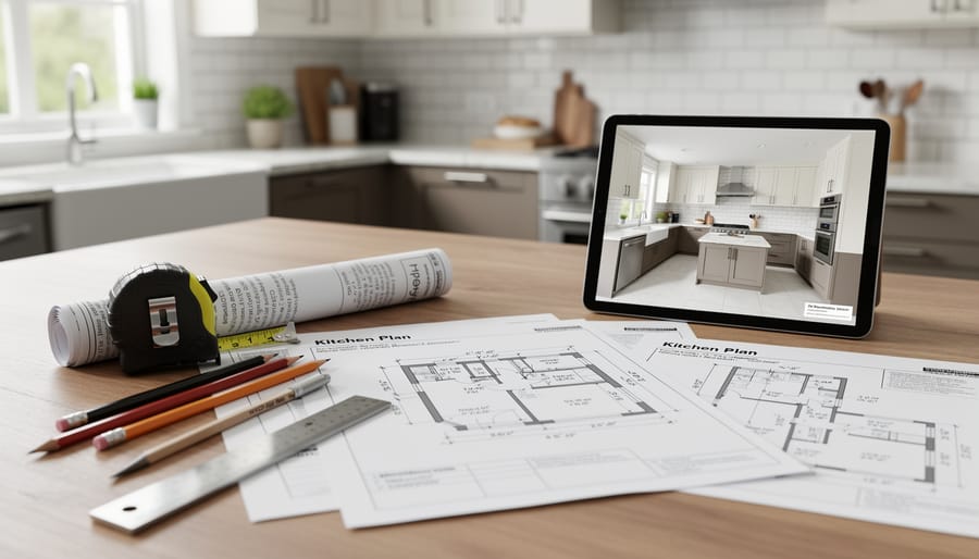 A homeowner using a measuring tape and planner materials in a modern kitchen beside a laptop for 3D design planning.