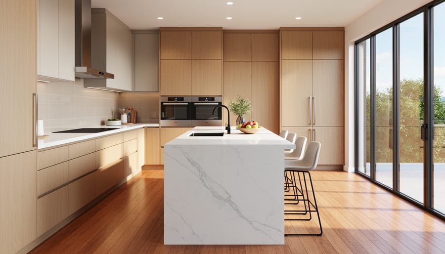 A bright contemporary kitchen scene with modern cabinetry and realistic under-cabinet lighting, presented in a render-like photographic style.