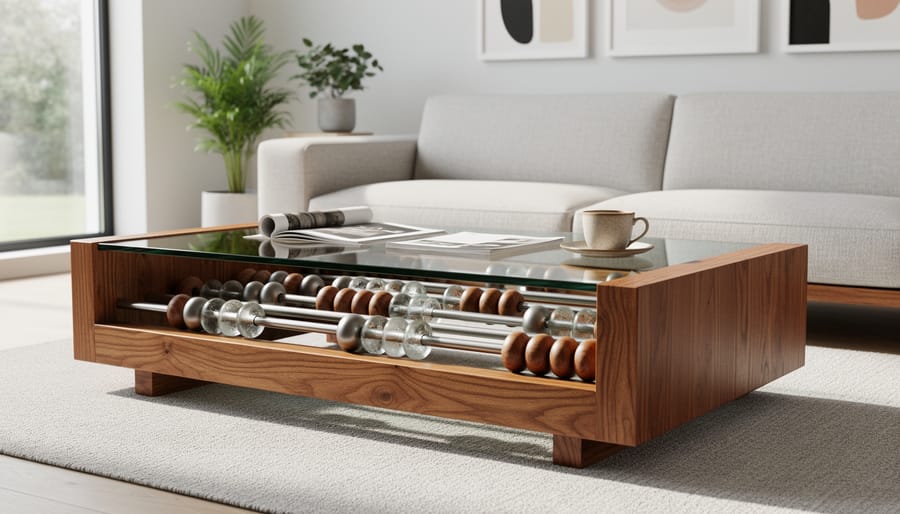 Handcrafted abacus-style coffee table with visible wooden frame and sliding beads in a modern living room