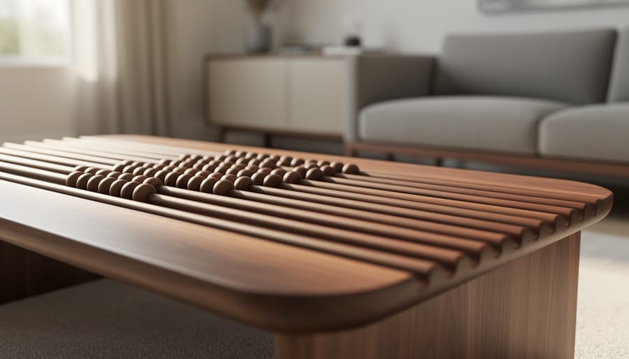 Modern abacus-inspired coffee table showing parallel rods with sliding wooden beads in a bright, mid-century living room setting
