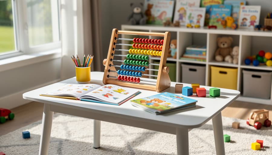 Child learning desk with built-in abacus beads in a bright playroom