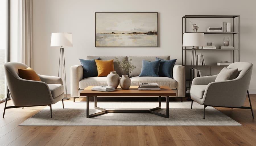 Modern living room scene with solid-wood coffee table, upholstered sofa, and metal floor lamp in warm natural light