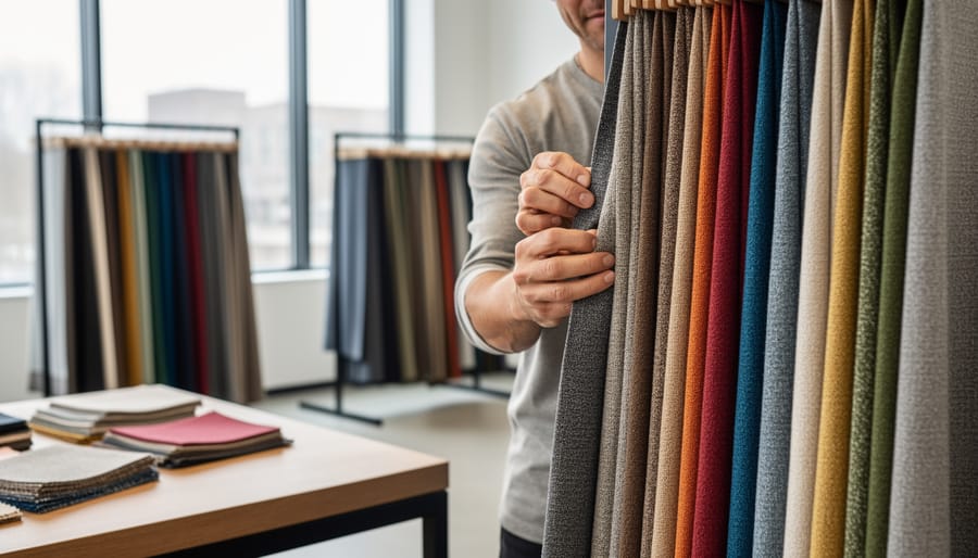 Close-up of hands examining upholstery fabric swatches beside a dining chair in a furniture showroom