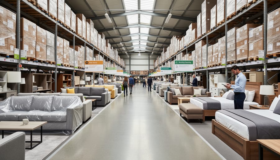 Clean warehouse showroom with boxed furniture and neatly arranged items on shelves in the background
